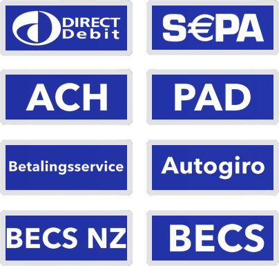 Currency schema logos for BACS, SEPA, ACH, PAD, Betalingsservice, Autogiro, BECS NZ and BECS