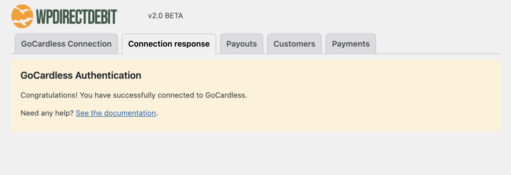 WPdirectdebit GoCardless connection settings page