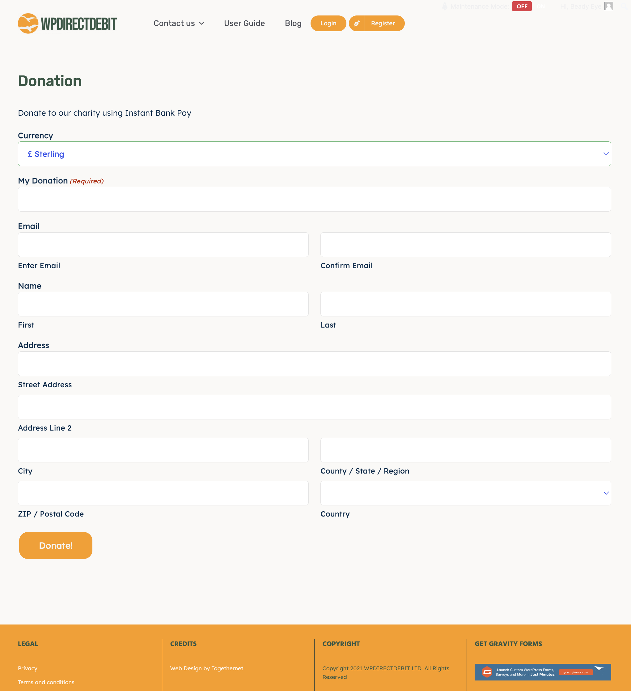 WPdirectdebit GoCardless Instant Bank Pay demo form