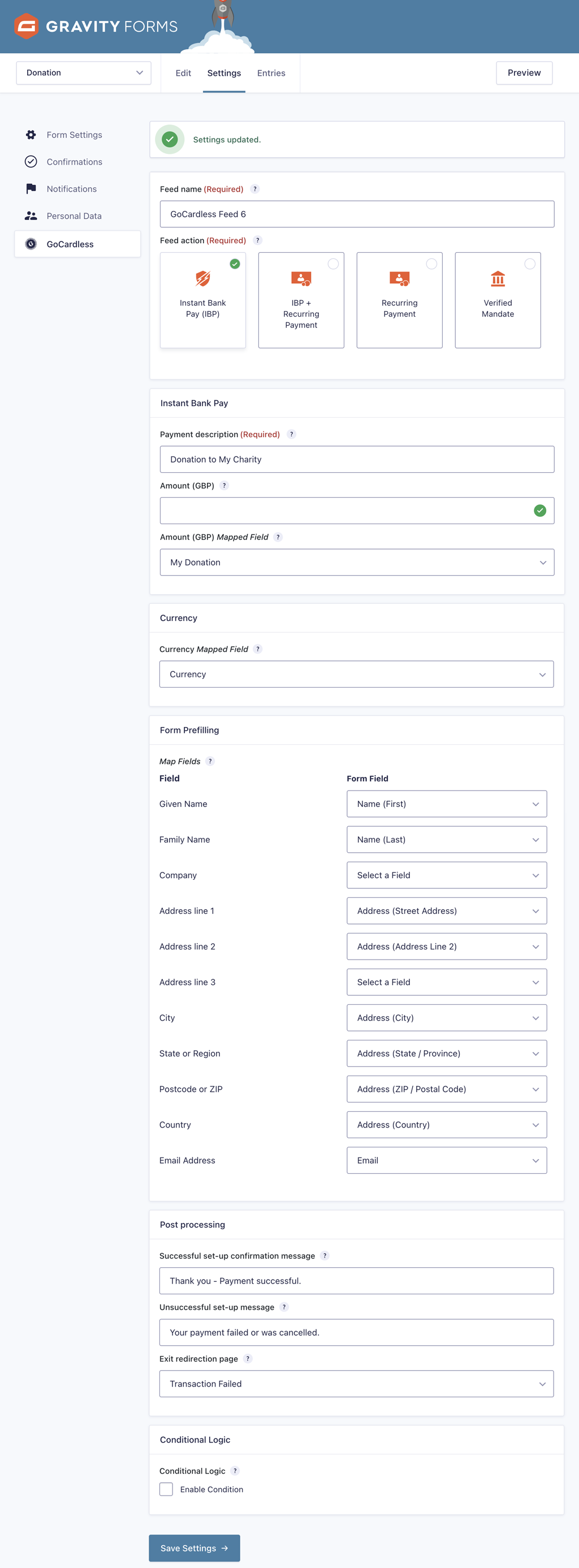 wpdirectdebit-gocardless-donation-form-feed-settings