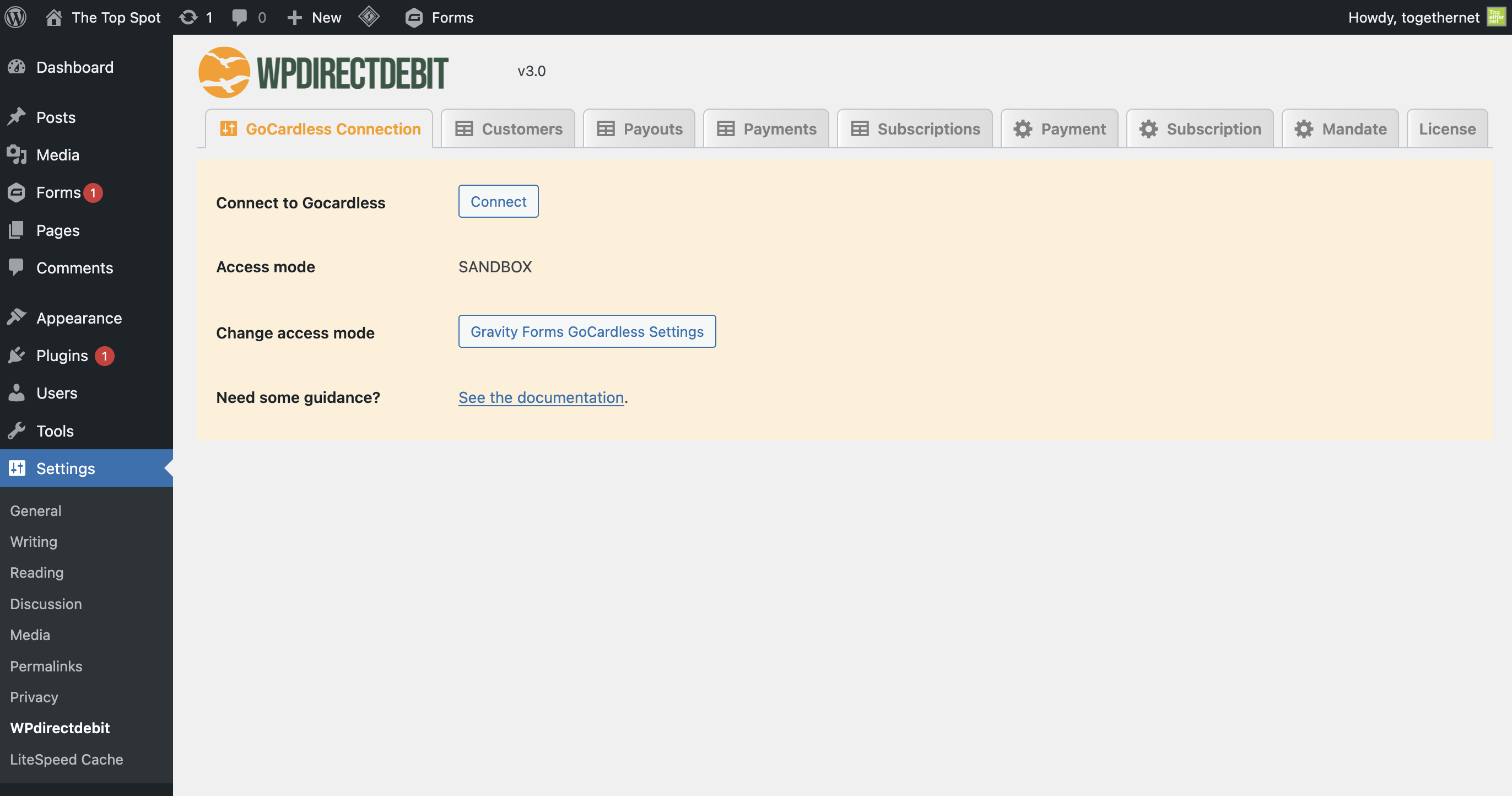 WPdirectdebit connection settings