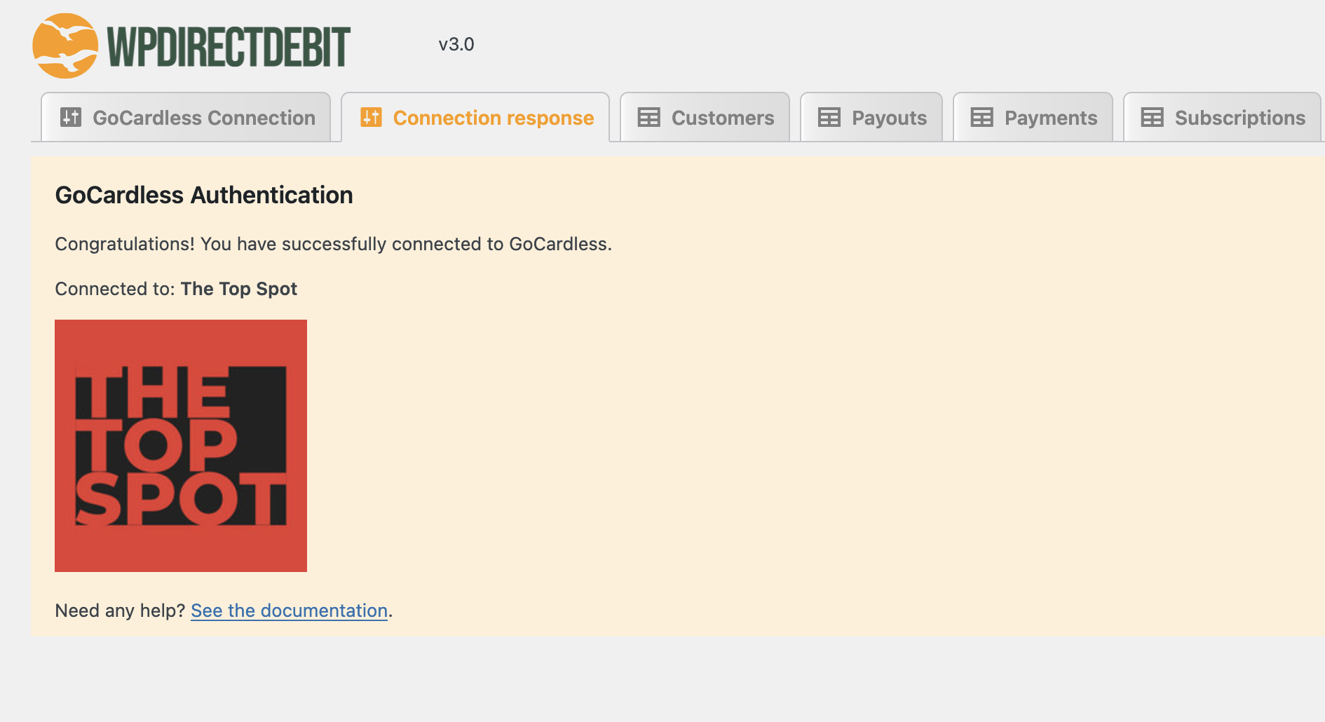 WPdirectdebit settings, connected to GoCardless