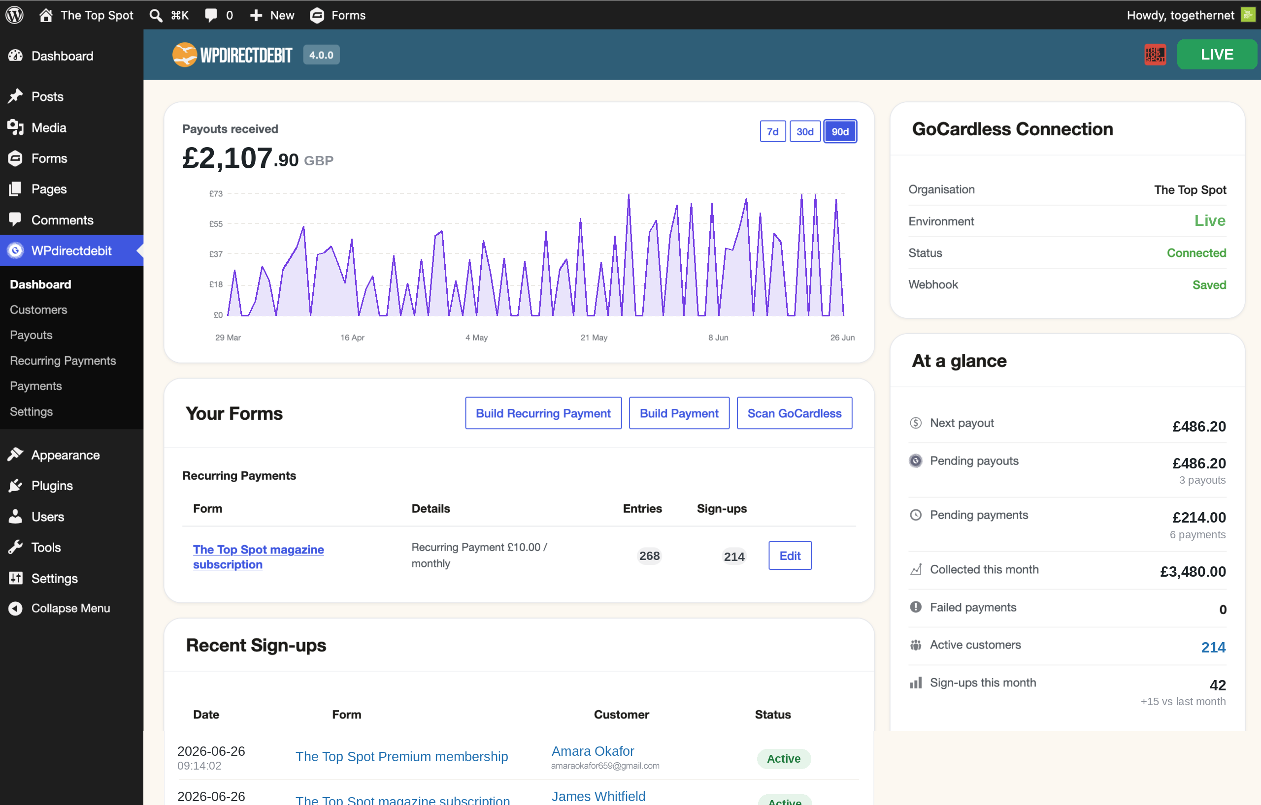WPdirectdebit Dashboard